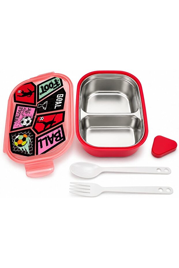 Kids Stainless Steel Lunch Box with Spoon & Fork, 3-Compartment Bento Lunch Box for School, Leak-Resistant Food Container, Fun Sports Design, Perfect Back to School Lunch Box