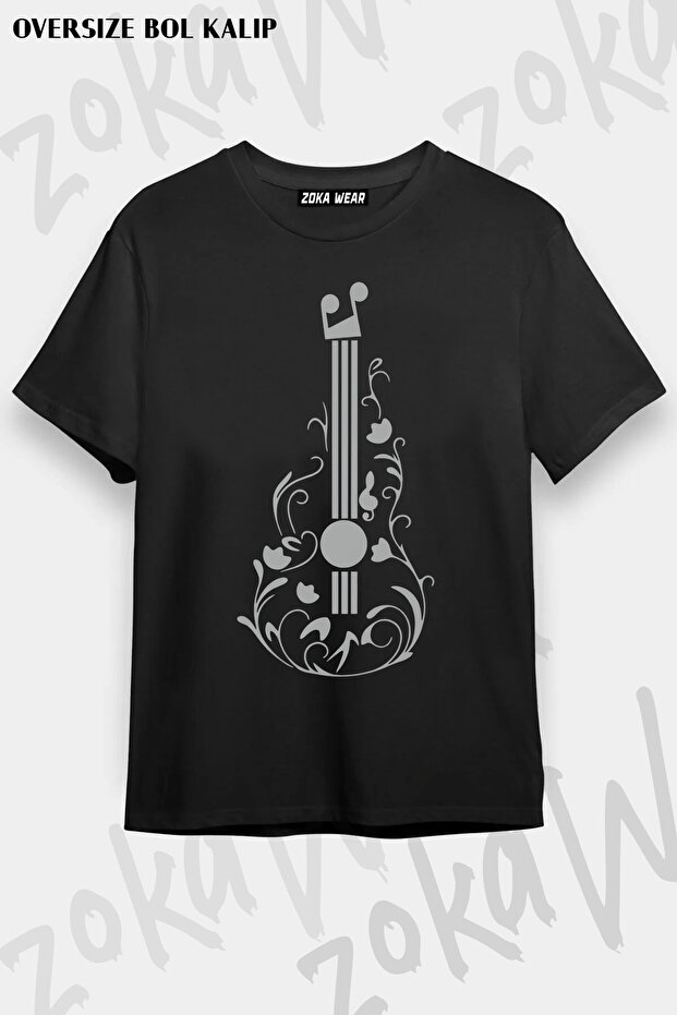 Guitar Drawing Design Musical Notes Treble Clef Printed T-Shirt