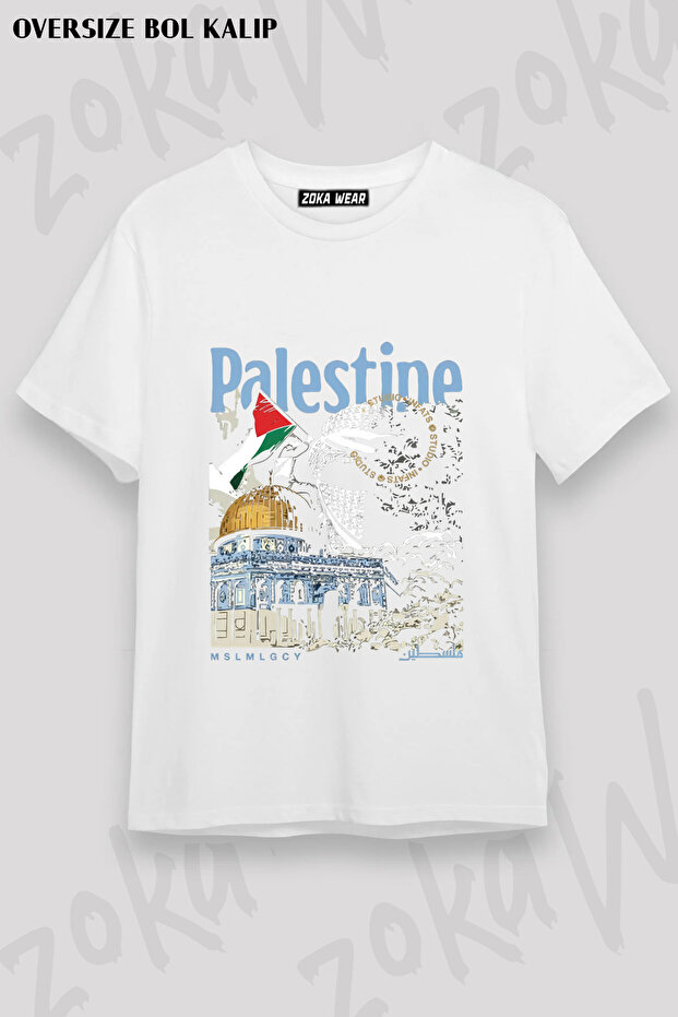 Palestine Themed Flag and Dome Detailed Printed T-Shirt