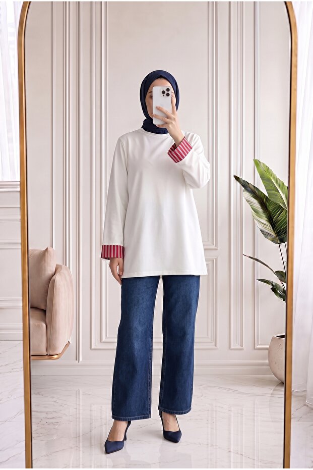 Mihrişah Collar and Sleeves Decorated Tie-Up Sweatshirt-Eu3521 Ecru
