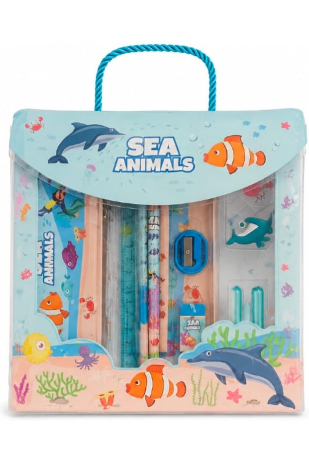 Kids Back to School Sea Animals Stationery Set – Pencil Case Tin Box with Pencils, Ruler, Eraser, Sharpener & Dolphin Toy, Ocean-Themed School Supplies for Boys & Girls