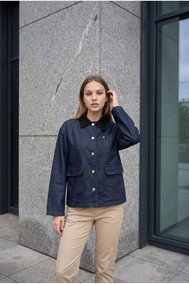 2264 Women's Garnished Pocket Buttoned Barn Denim Jacket Navy Blue