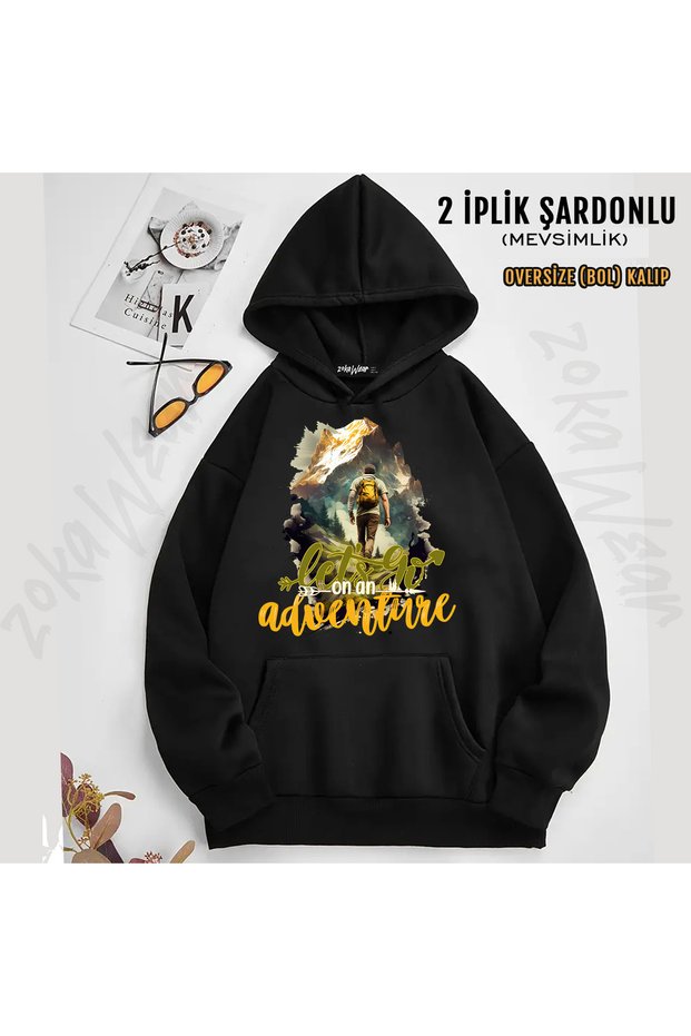 Lets Go on an Adventure Written and Nature Printed Hooded Sweatshirt