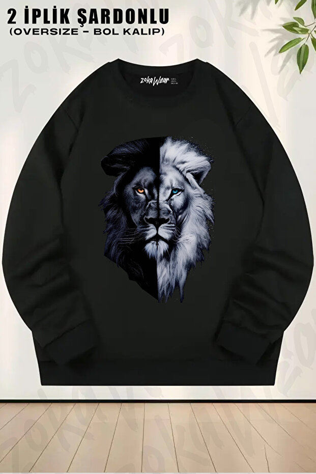 Lion Patterned T-Printed Crew Neck Sweatshirt