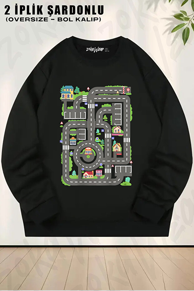 Auto Road Car Riding Printed Crew Neck Sweatshirt