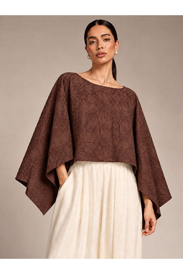 Brown Embroidery Detailed Asymmetrical Cut Cape Blouse