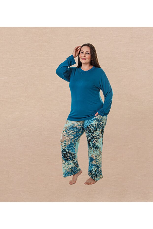 Plus Size Petrol Blue Patterned Crew Neck Viscose Comfortable Flexible Women's Pajama Set