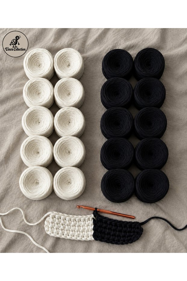 Set of 20 Black and White Combed Cotton Yarns – 10 Black + 10 White – Each 300-400 Gr – Knitting and Handcraft Yarn