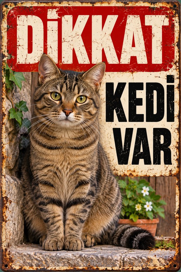 Caution There Is a Cat Striped Brown Cat Retro Metal Wall Sign 30X40 cm