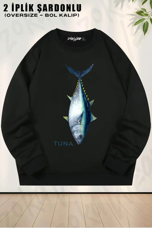 Fishing Balikcilik Tuna Baligi Printed Crew Neck Sweatshirt
