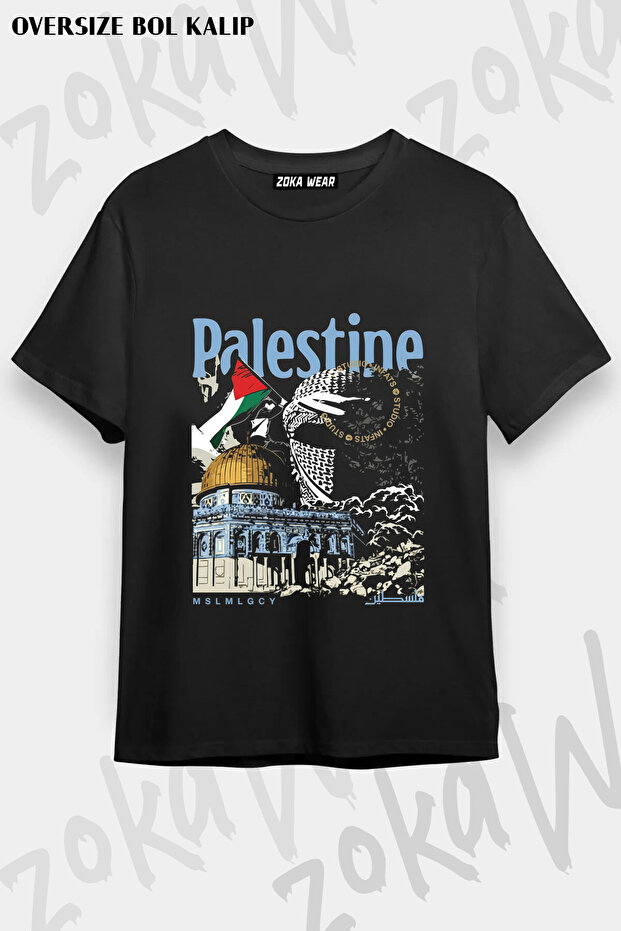 Palestine Themed Flag and Dome Detailed Printed T-Shirt