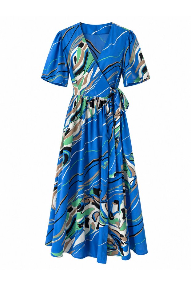 Lady Belted Double Breasted Short Sleeve Dress Women's Blue