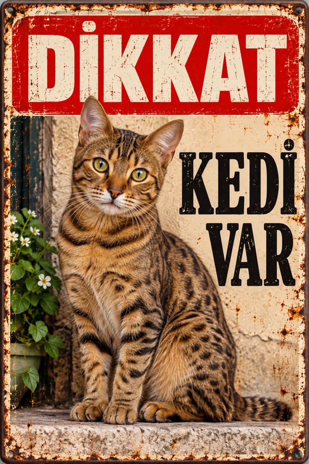 Caution Cat Is Present Spotted Brown Cat Retro Metal Wall Sign 15X20 cm