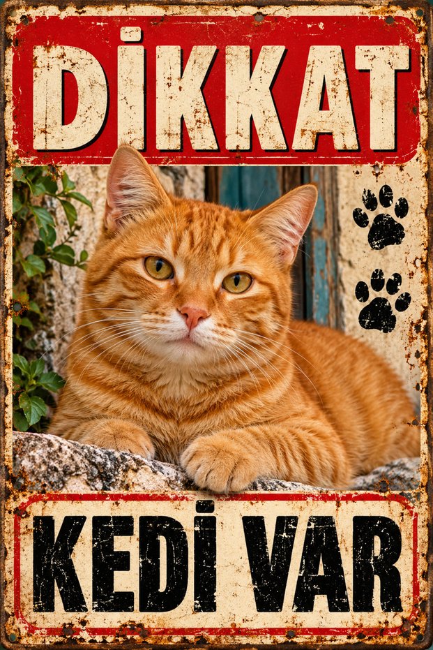 Caution Cat Is Present Orange Tabby Cat Retro Metal Wall Sign 15X20 cm