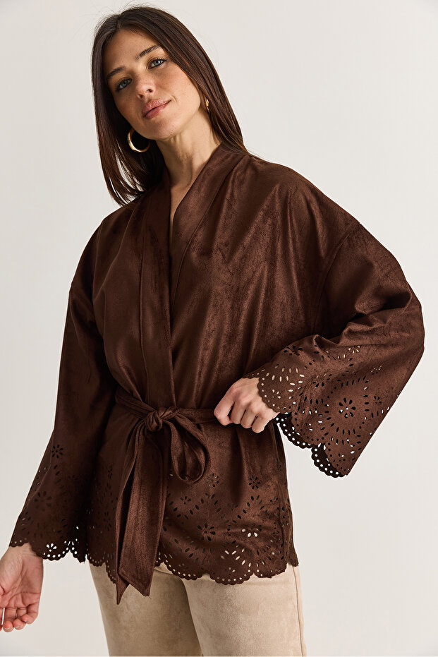 Women's Brown Laser Cut Detailed Belted Suede Jacket 5016 60286600