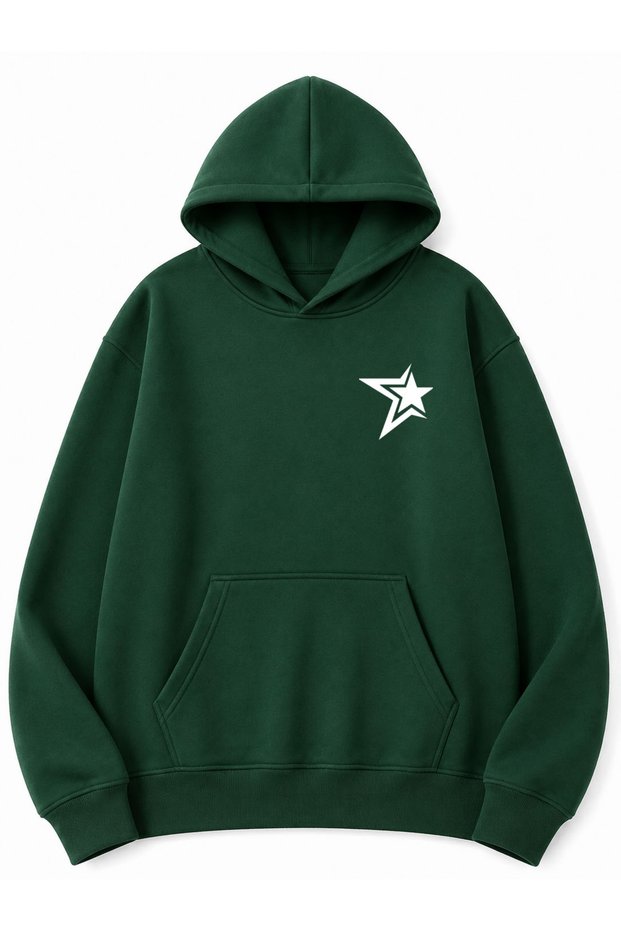 Chest Star Printed Oversize Sweatshirt with Kangaroo Pocket