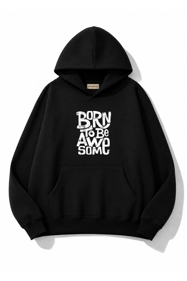 Born to Be Printed Oversize Sweatshirt with Kangaroo Pocket