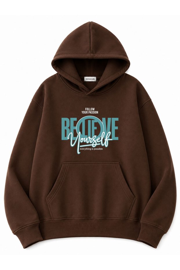 Believe Text Printed Oversize Sweatshirt with Kangaroo Pocket
