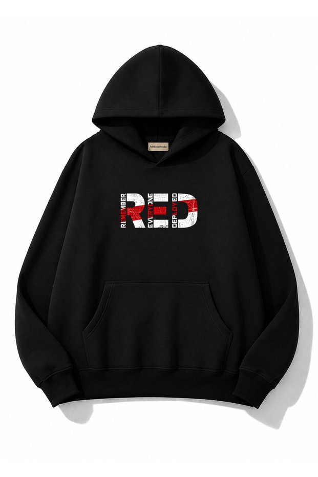 Red Printed Kangaroo Pocket Oversize Sweatshirt