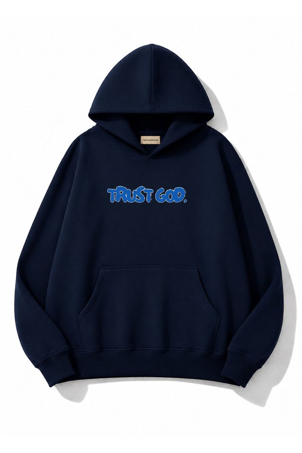 Trust God Printed Oversize Sweatshirt with Kangaroo Pocket