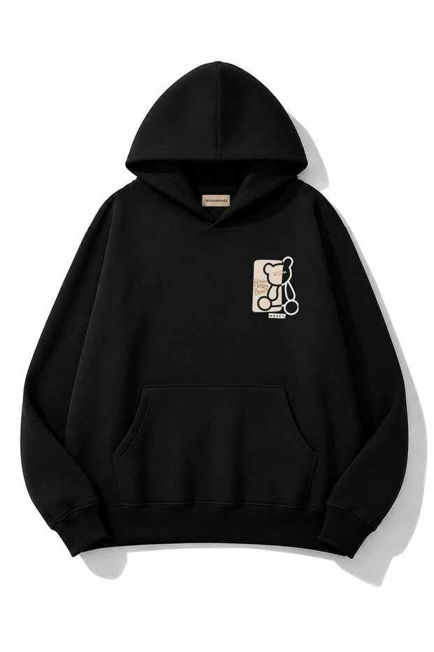 Honey Teddy Bear Printed Oversize Sweatshirt with Kangaroo Pocket