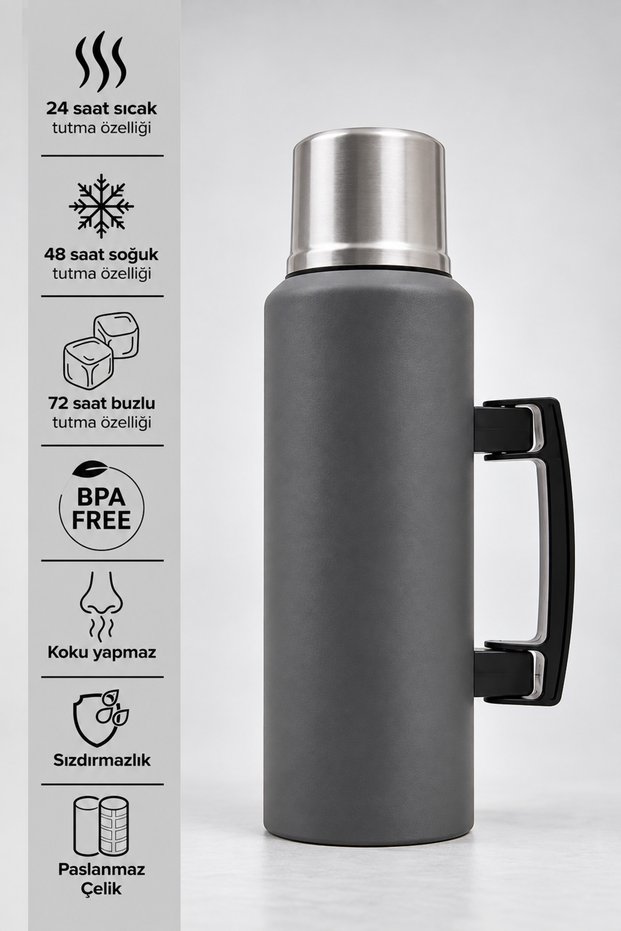 1.5 Liter Stainless Steel Thermos with Handle and Cup - Keeps Hot for 24 Hours - Keeps Cold for 48 Hours - Keeps Ice for 72 Hours