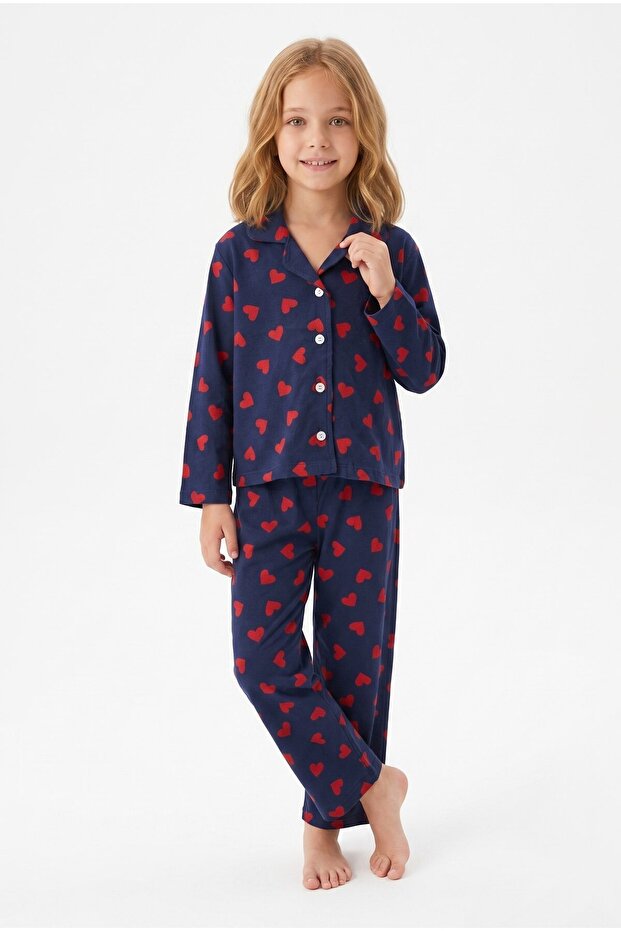 3-12 Years Old Girls' Heart Patterned Buttoned 100% Cotton Pajama Set