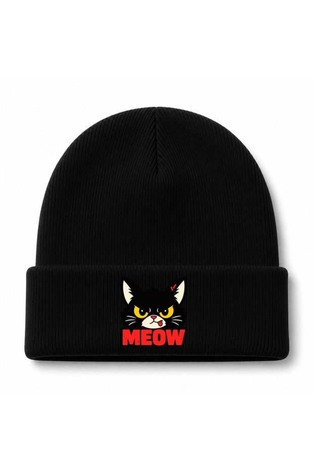Grumpy Meow Angry Cat Graphic Beanie