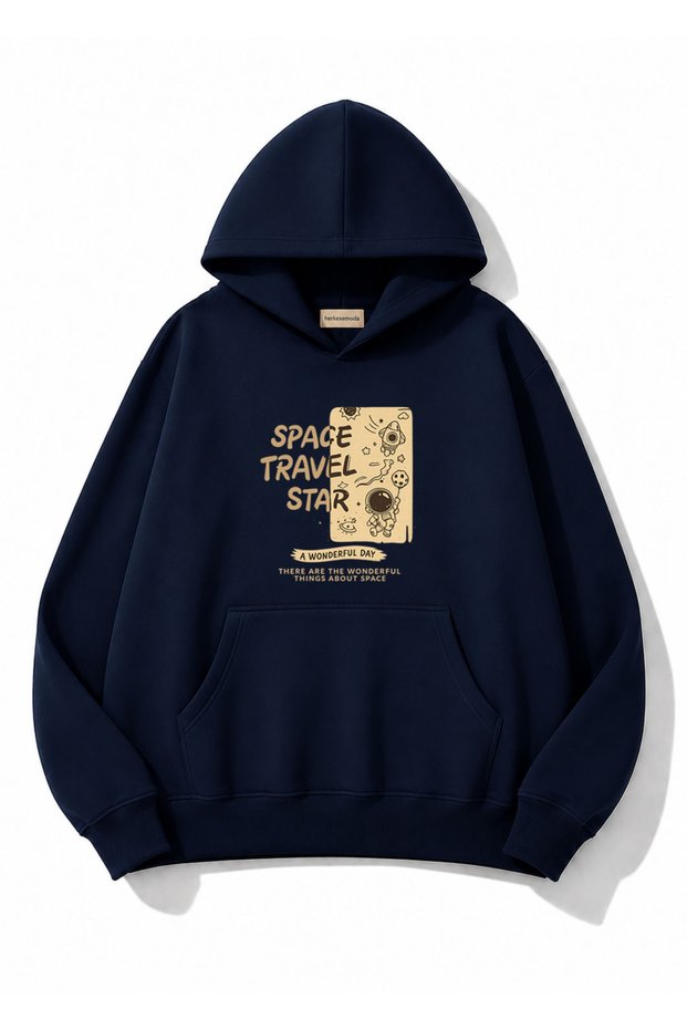 Space Travel Printed Oversize Sweatshirt with Kangaroo Pocket