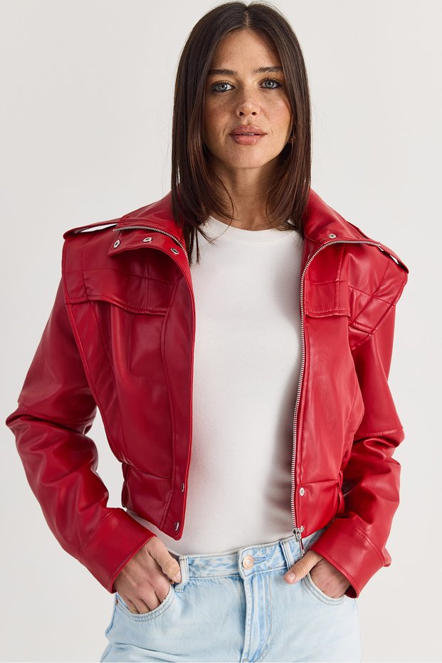 Women's Stand Collar Shoulder Epaulettes Snap Fastener Crop Faux Leather Jacket 4224 60286595