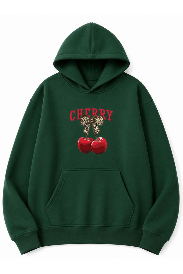 Cherry Printed Oversize Sweatshirt with Kangaroo Pocket