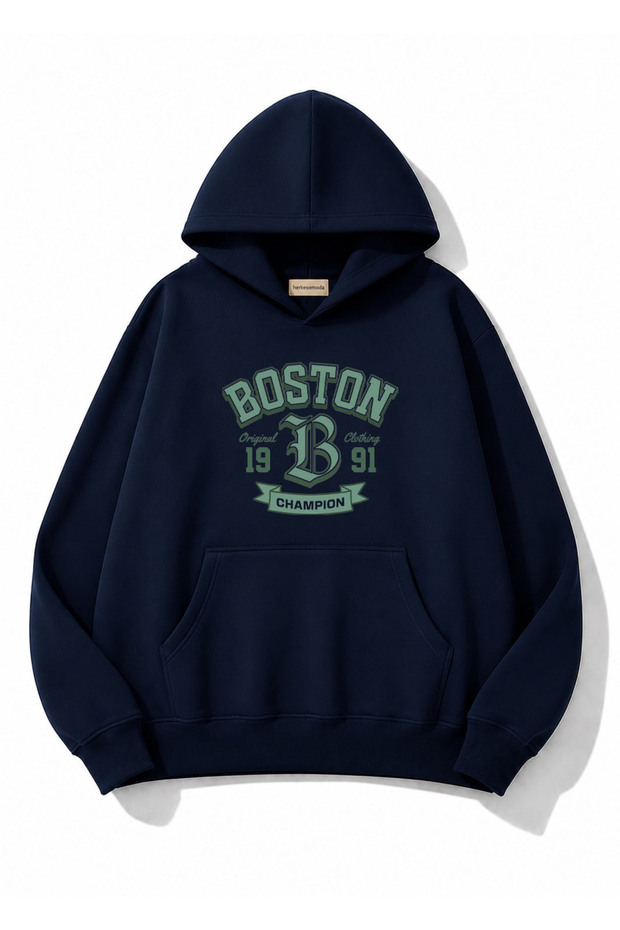 Boston Printed Oversize Sweatshirt with Kangaroo Pocket