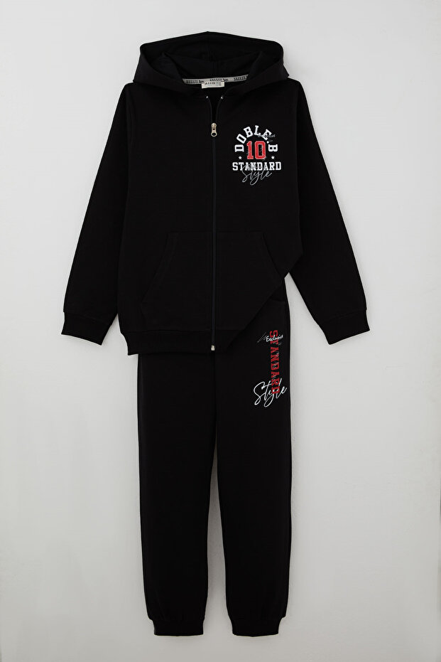 Boy's Tracksuit Set with Lettering Printed Hooded Zipper, Ages 10-14, Black
