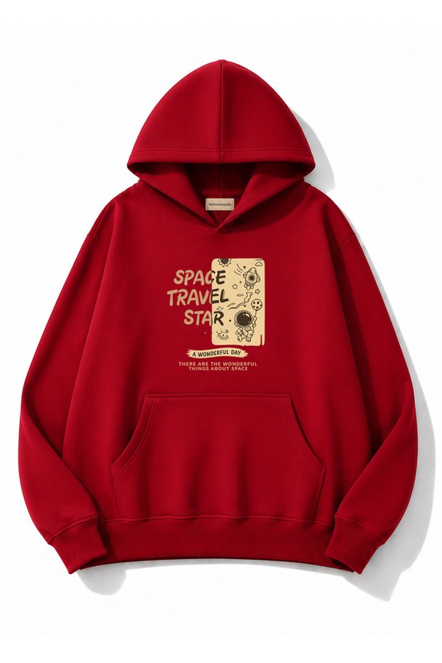 Space Travel Printed Oversize Sweatshirt with Kangaroo Pocket