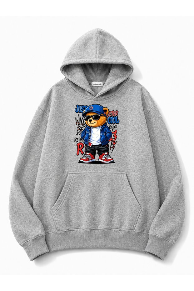 Teddy Bear Print Detailed Hooded 2 Thread Sweatshirt
