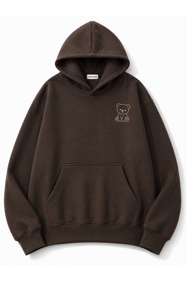 Chest Teddy Bear Print Detailed Hooded 2 Thread Sweatshirt