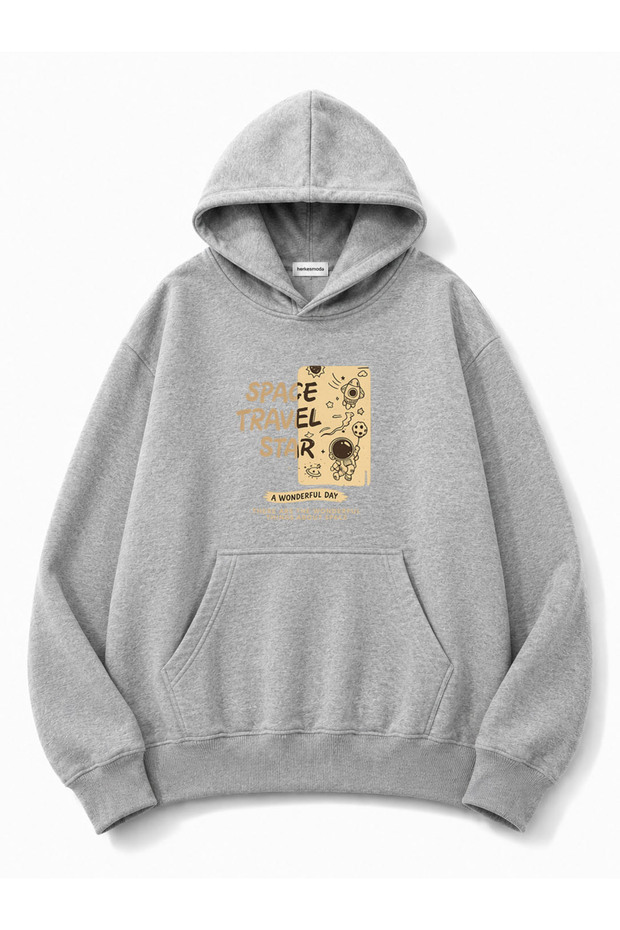 Space Travel Printed Oversize Sweatshirt with Kangaroo Pocket