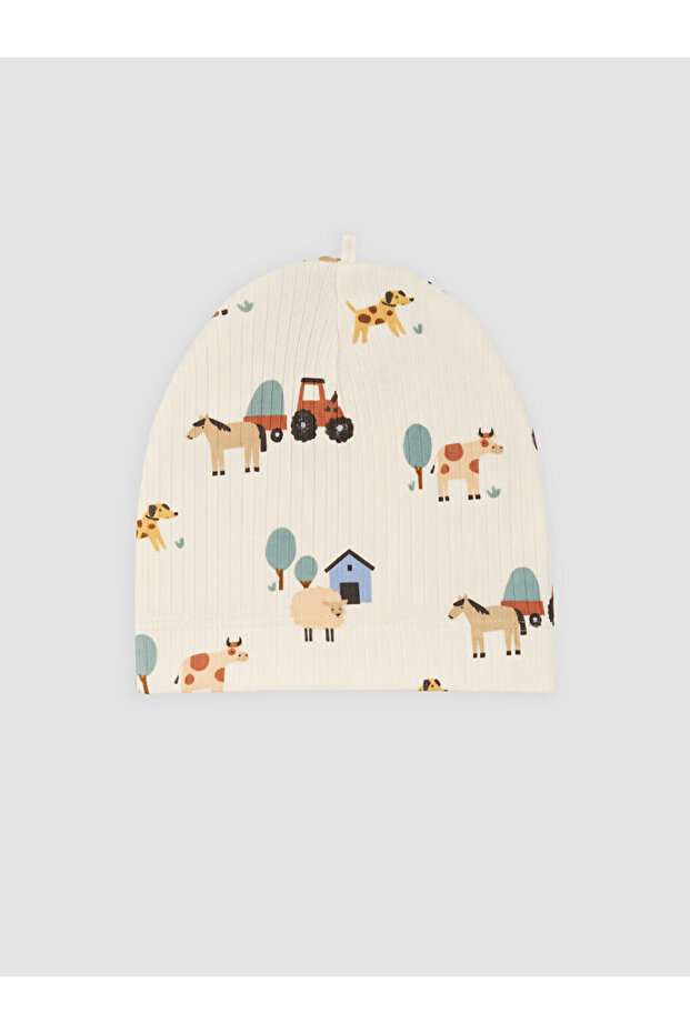 Özmarka New Season Beige Printed Baby Boy Beanie