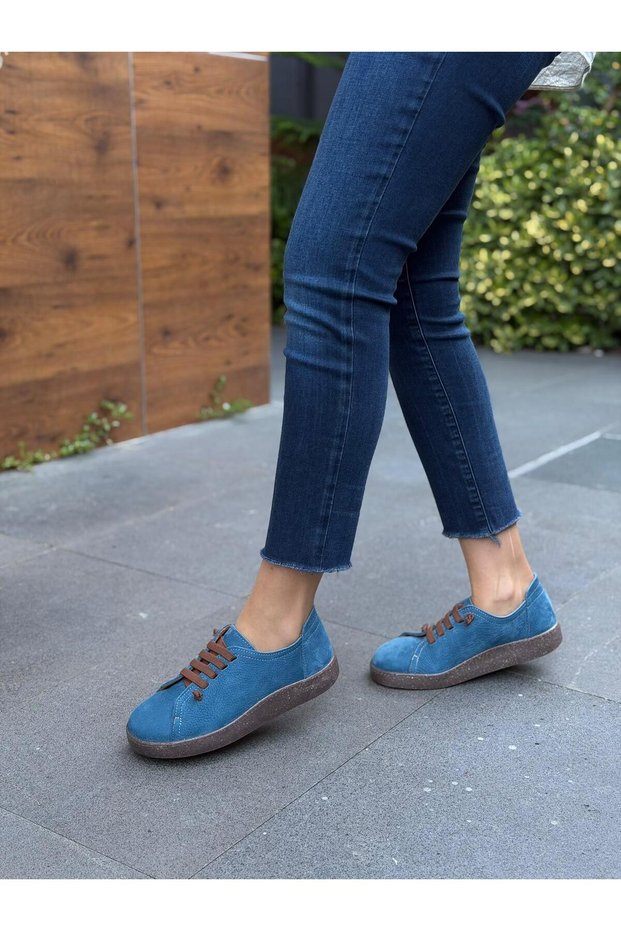 Blue Nubuck Leather Elastic Women's Casual Shoes