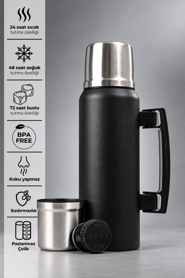1 Liter Stainless Steel Thermos with Handle and Cup – Keeps Hot for 24 Hours, Cold for 48 Hours, Ice-Cold for 72 Hours