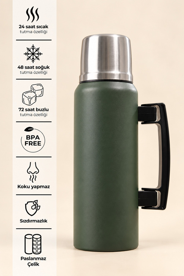 1 Liter Stainless Steel Thermos with Handle and Cup – Keeps Hot for 24 Hours, Cold for 48 Hours, Ice-Cold for 72 Hours
