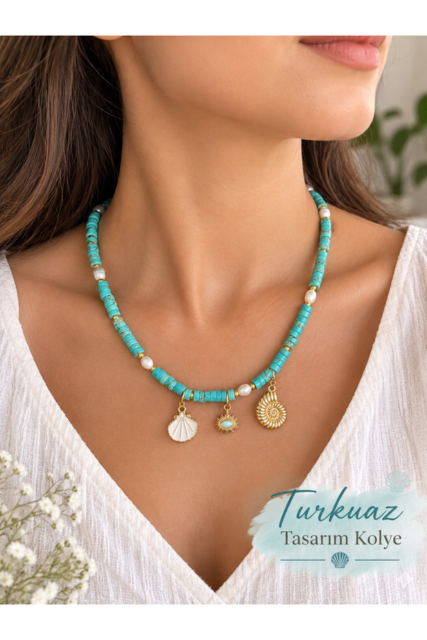 Turquoise Design Necklace |   Natural Stone Detailed Pearl and Sea-Themed Stylish Necklace