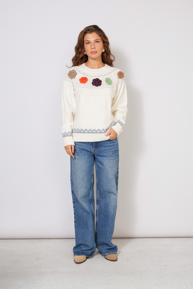 Italian Flowered Jacquard Knitwear Sweater Ecru