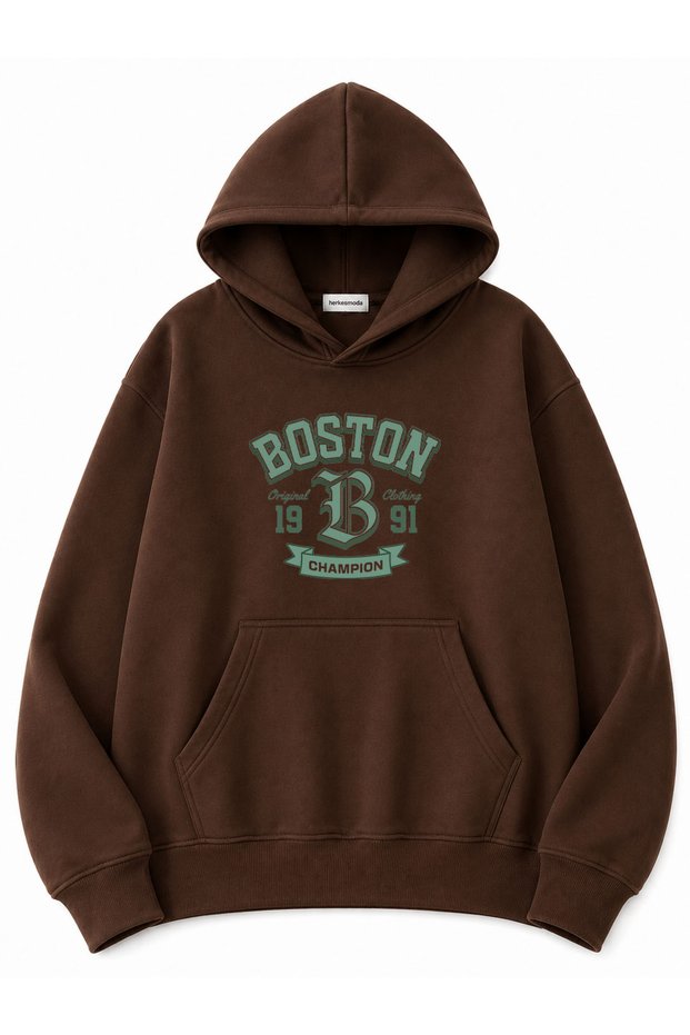 Boston Printed Oversize Sweatshirt with Kangaroo Pocket
