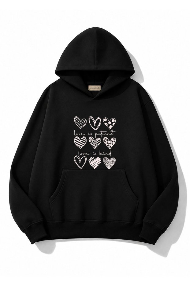 Hearts Printed Oversize Sweatshirt with Kangaroo Pocket