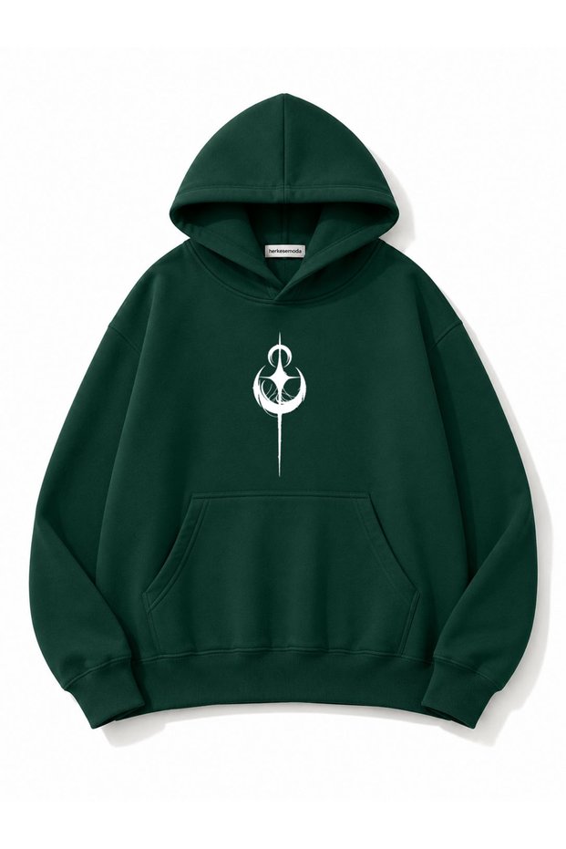 Hooded Printed Oversize Sweatshirt with Kangaroo Pocket