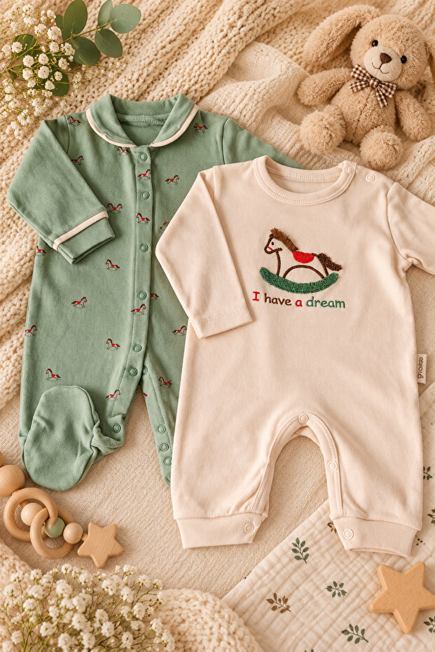 2-Pack 100% Cotton Fabric Baby Boy Rompers with Snap Closure and Embroidery, With/Without Booties