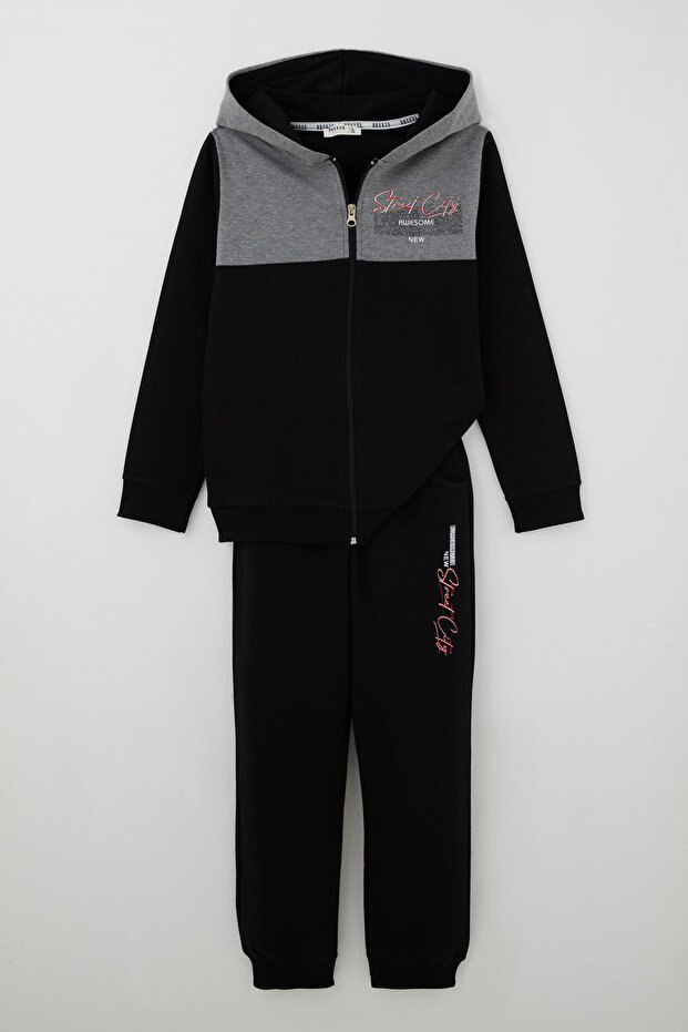 Boy's Tracksuit Set Color Blocked Hooded Zipper Jacket 5-9 Years Old, Black