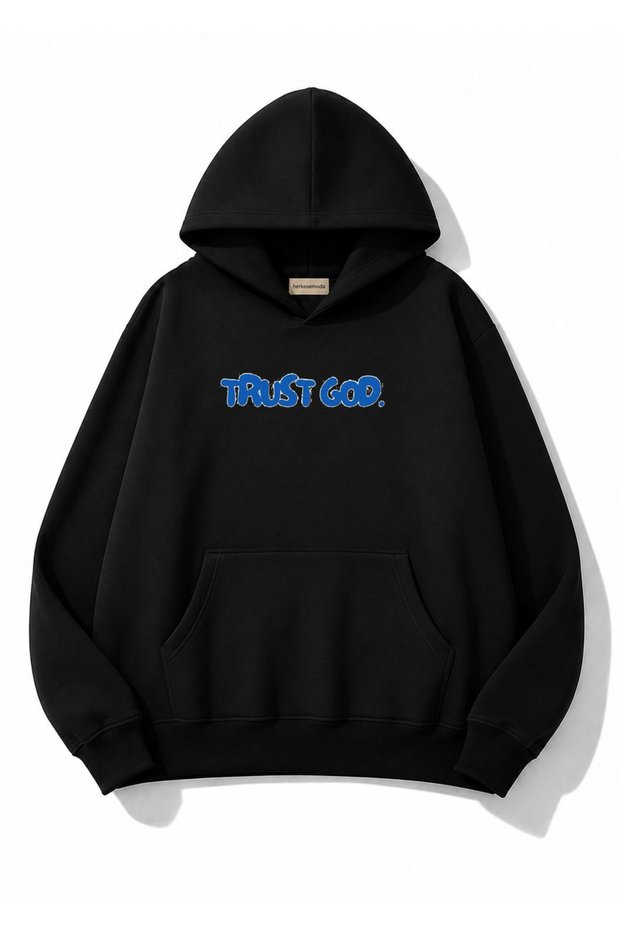 Trust God Printed Oversize Sweatshirt with Kangaroo Pocket