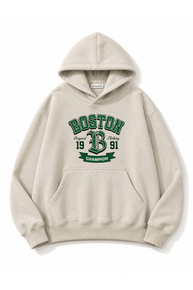 Boston Printed Oversize Sweatshirt with Kangaroo Pocket